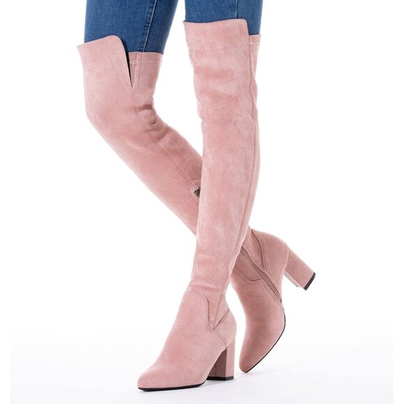 Women Pink/3 Inch Heel Faux Suede Over The Knee Thigh High Low Block Heel Boot - Picture 2 of 6